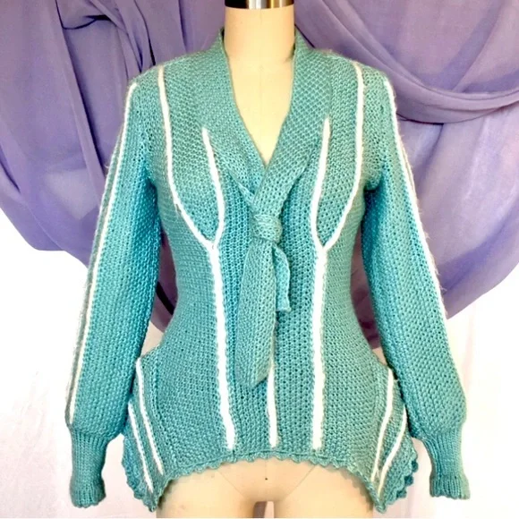 New Custom Design Hand knitted wool blend crochet sweater size XSmall teal white - Picture 3 of 8